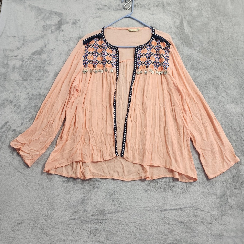 Anandas Collection Top Womens L Pink Embroidered‎ Coin Kimono Boho Fringe